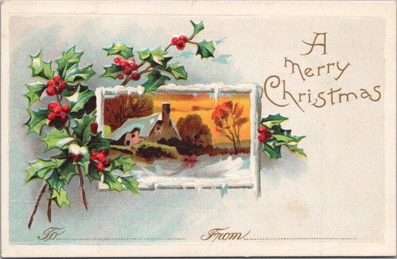 c1910s MERRY CHRISTMAS Embossed Postcard Winter House Scene / Holly - Unused