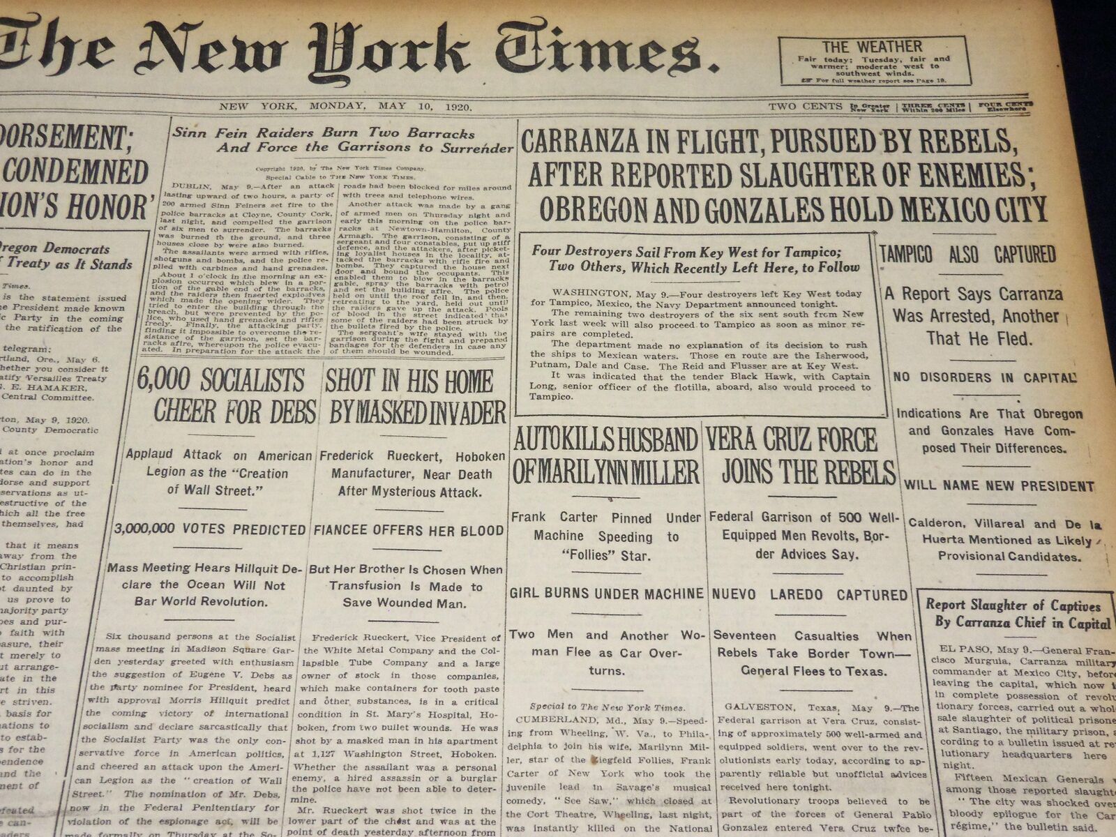 1920 MAY 10 NEW YORK TIMES NEWSPAPER - 6,000 SOCIALISTS CHEER DEBS - NT 8672