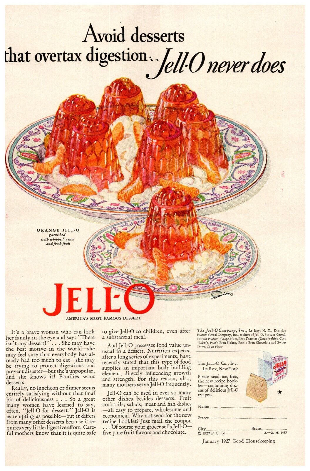 1927 Jell-O Vintage Print Ad Orange Avoid Desserts That Overtax Digestion 