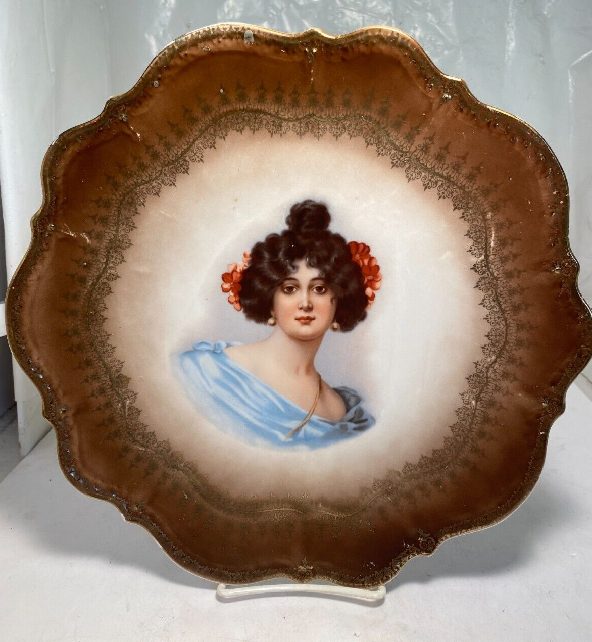 Vintage CT Germany 12 Inch Porcelain Plate Brown Haired Lady Portrait