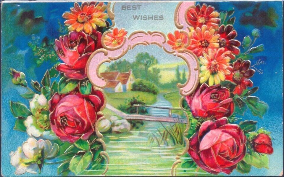 Antique Birthday Postcard~ROSES & Daisies~PASTORAL VIEW~Creek~FOOTBRIDGE~Germany
