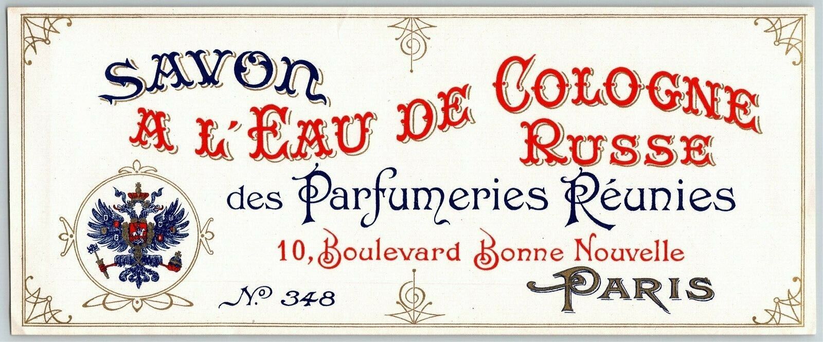 French Soap Label c1900\'s-10\'s Original Savon À L\'Eau De Cologne Russe No.348