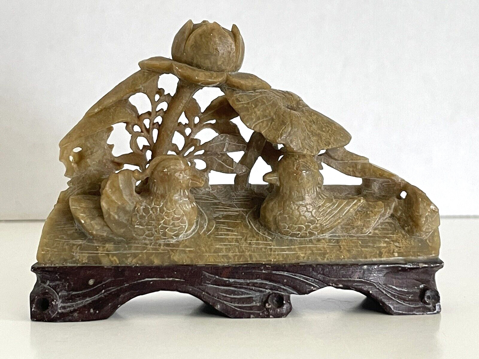 Vintage Intricate Hand Carved Chinese Soapstone Ducks and Lotus Flower Sculpture