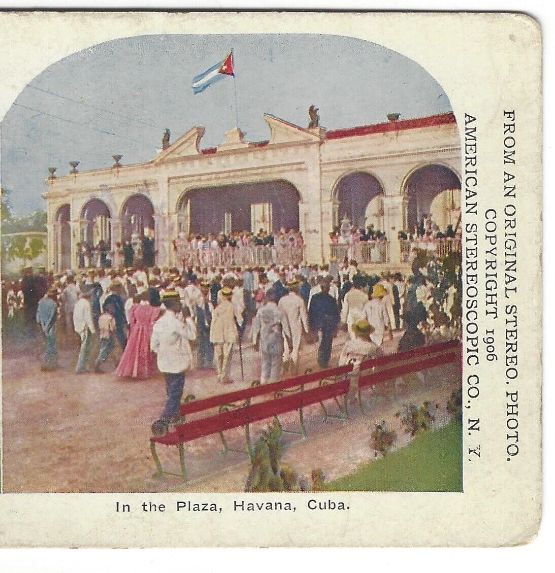1906 Crowd In the Plaza Havana, Cuba, Quaker Oats Stereoview Card