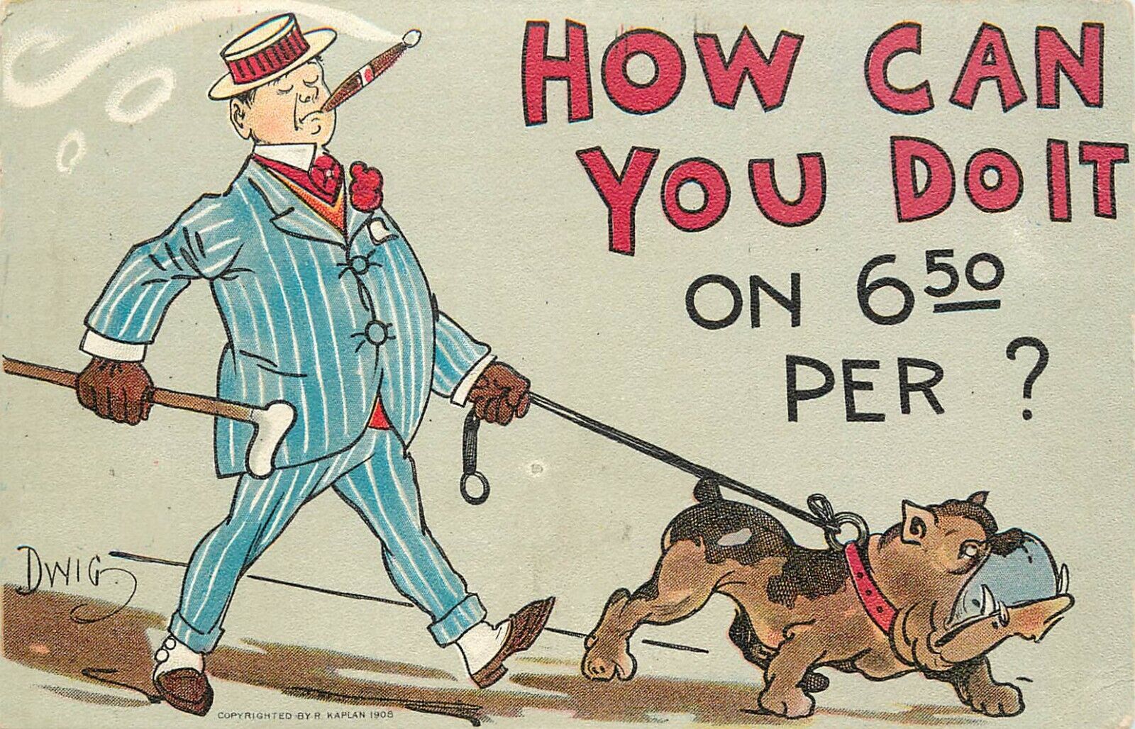 S/A Postcard Dwig Series 49 Man With Bulldog How Can You Do It on 6.50 Per?