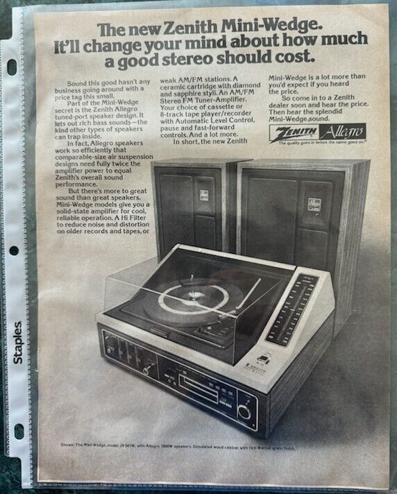 1977 Magazine Ad Zenith Mini-Wedge Stereo Allegro Speakers Turntable 8-Track
