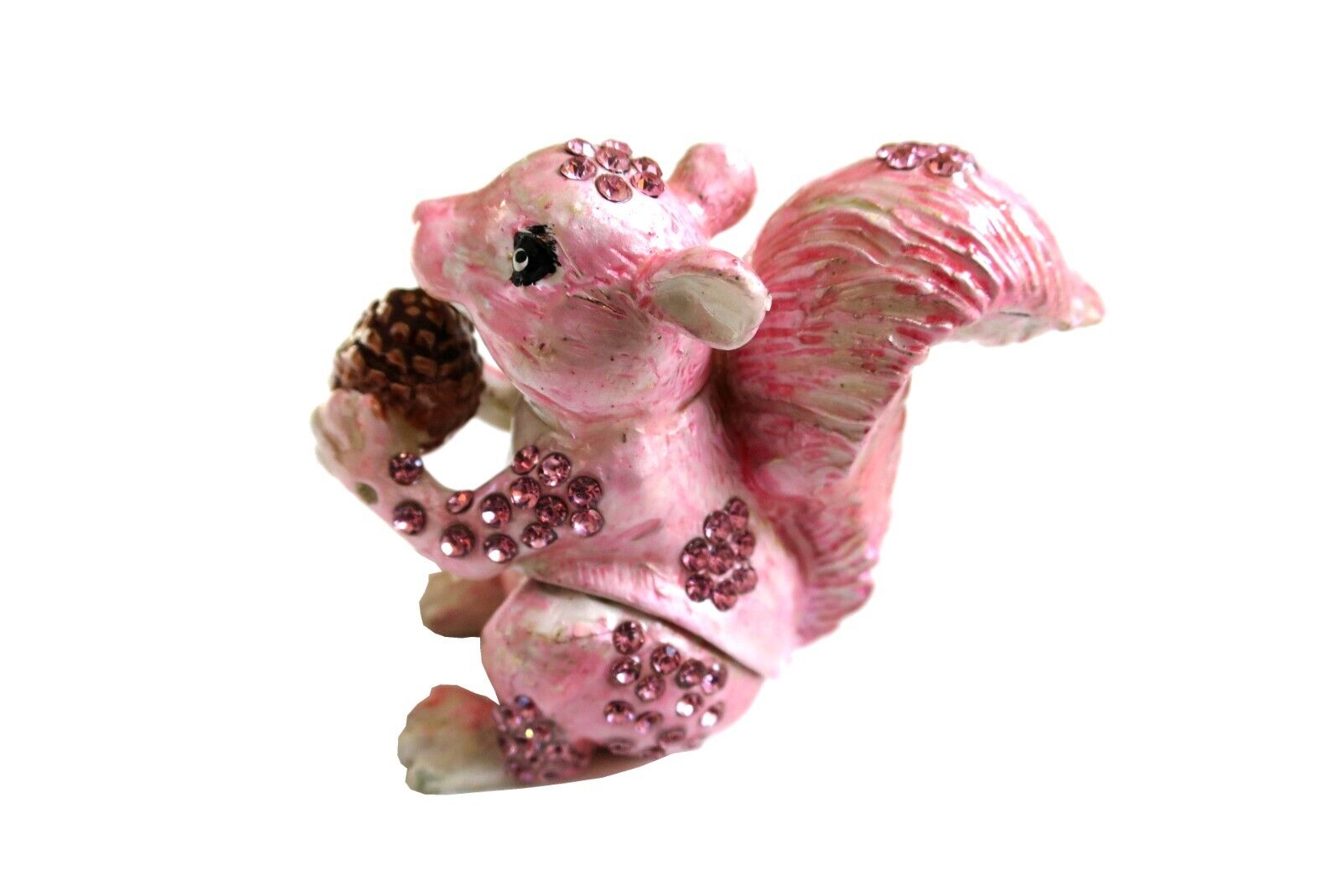 Bejeweled Pink Squirrel Hinged Metal Enameled Crystal Trinket box