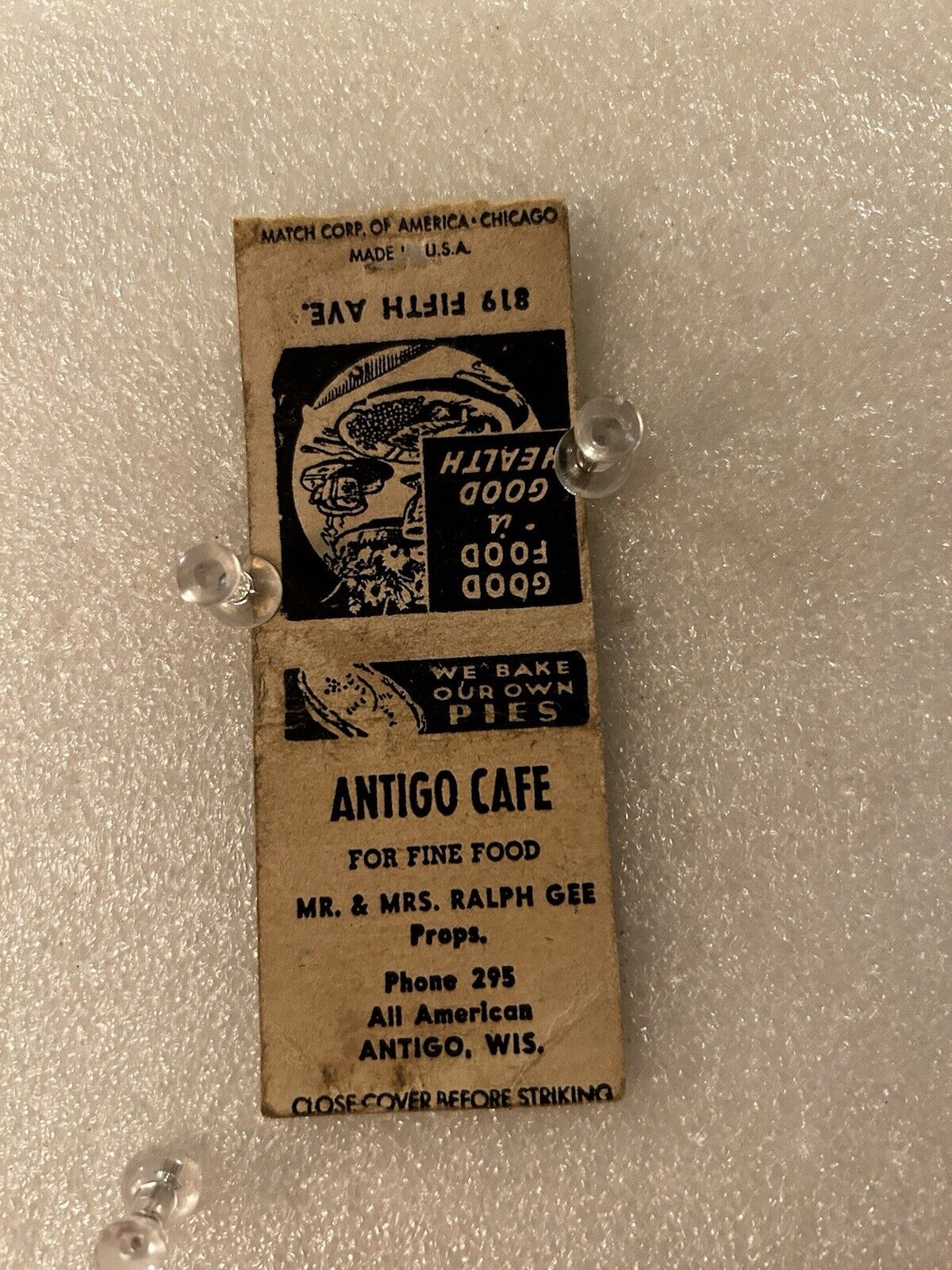1940’s? Ralph Gee Antigo Wisconsin Cafe Matchbook Vintage