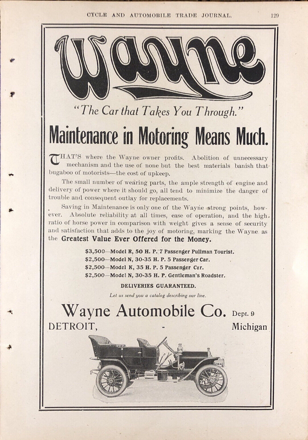 1907 Wayne Automobile Model N K R 35 50 HP Car Art Antique Picture Print Old Ad