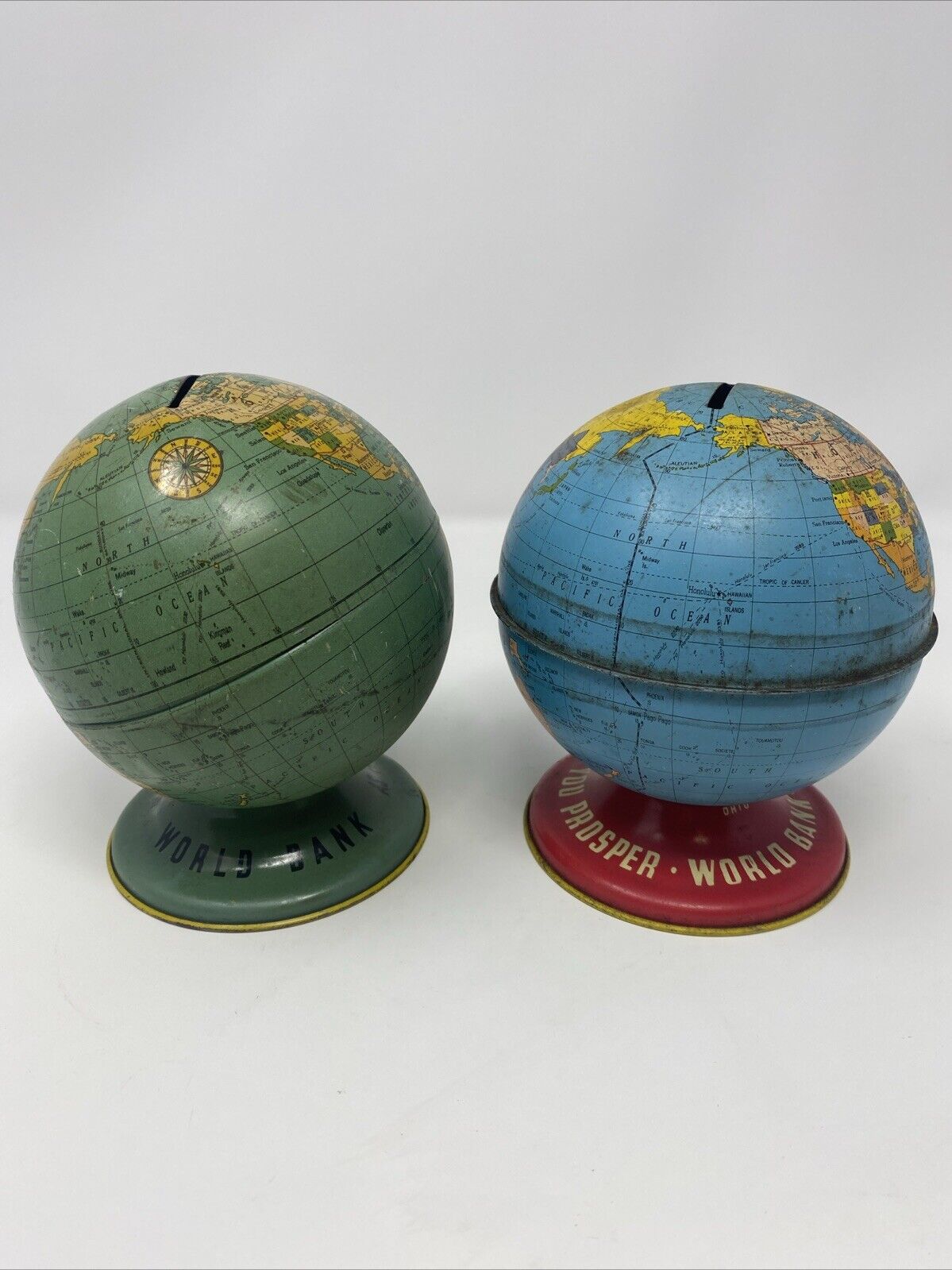 2 VTG World Bank Globe-Ohio Art Co Tin 4” As You Save So You Prosper 1960’s