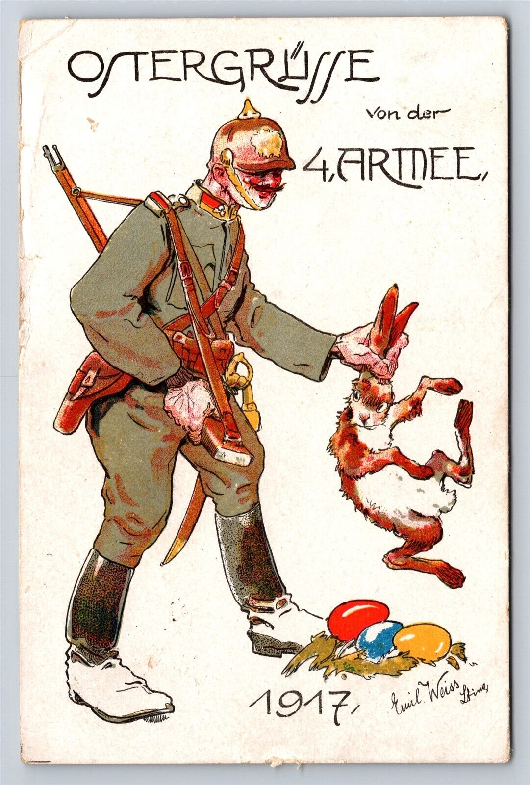 German Postcard WWI 4th Army Soldier Catches Easter Rabbit Eggs a/s Weiss AT15