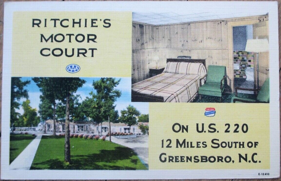 Greensboro, NC 1953 Linen Postcard: Ritchie\'s Motor Court, Motel Interior