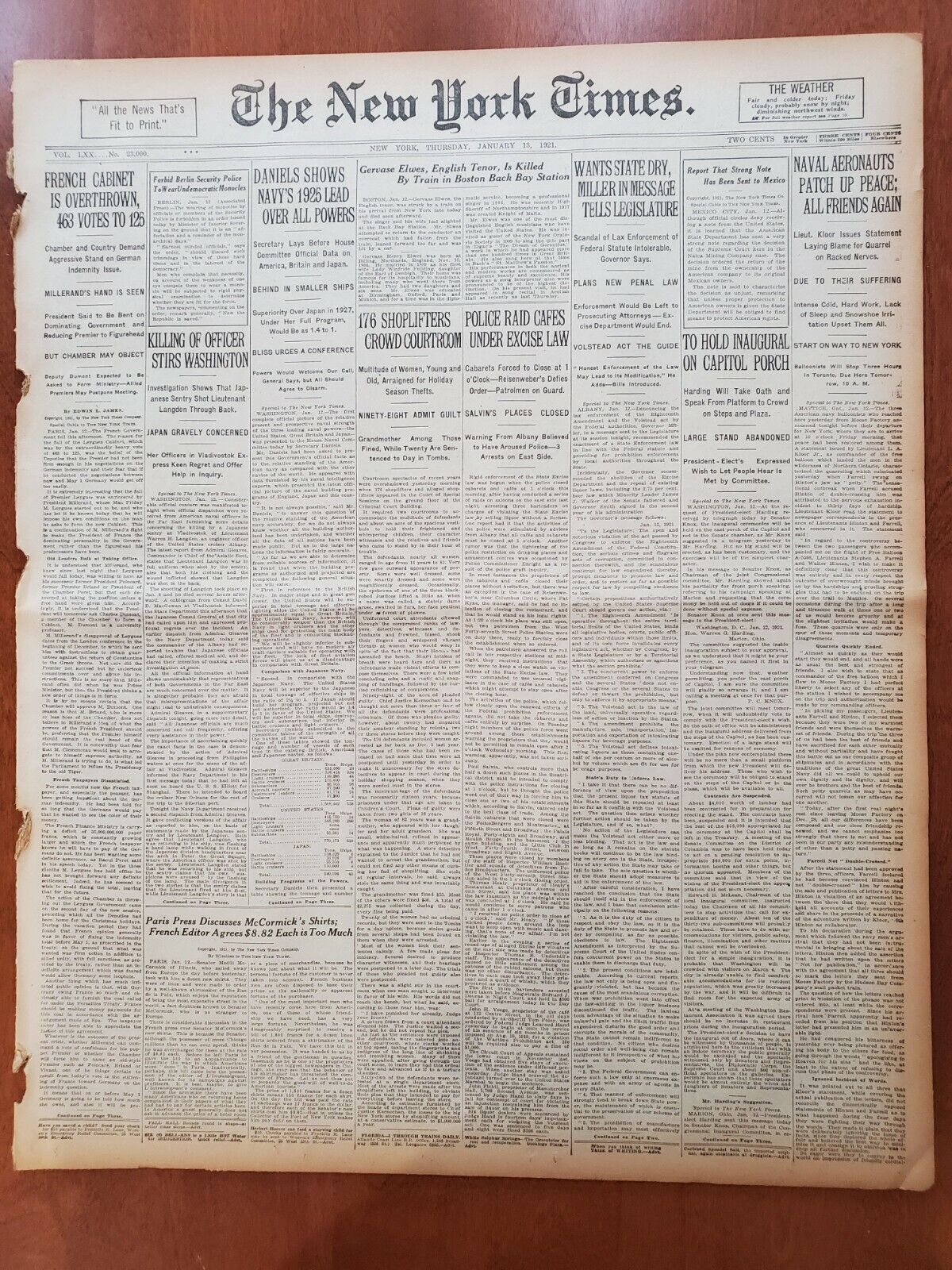 1921 JANUARY 13 NEW YORK TIMES-FRENCH CABINET OVERTHROWN 463 VOTES TO 125-NT809