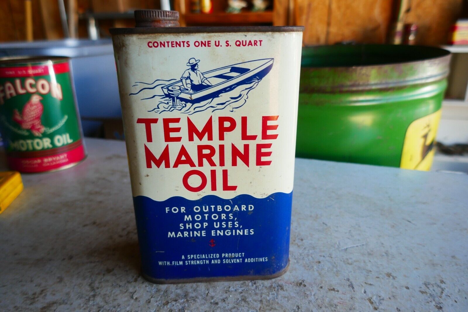 Vintage Very Rare Full Quart Temple Marine Outboard Oil Can Lot 24-14-B-ec