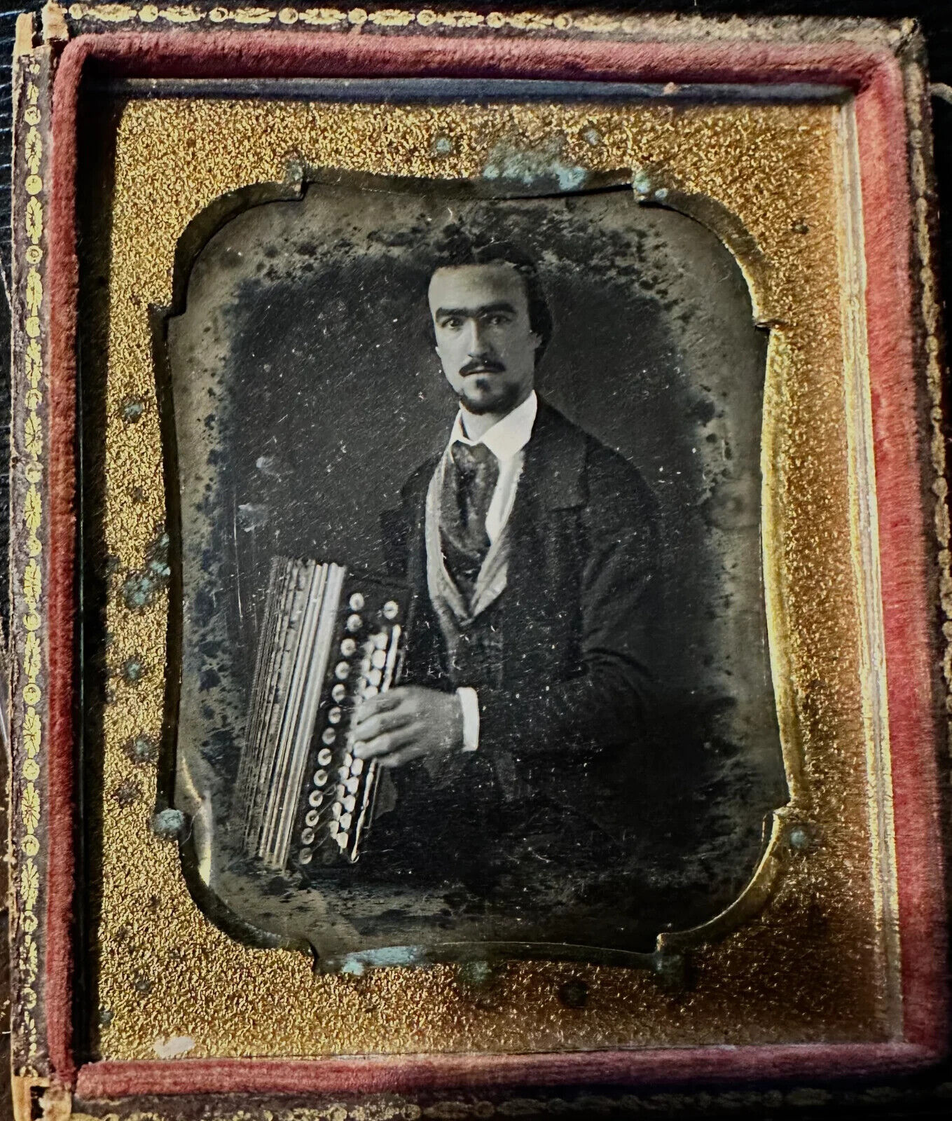 1/6 Daguerreotype Handsome Man Playing Accordion 1840s 1850s Goatee Beard