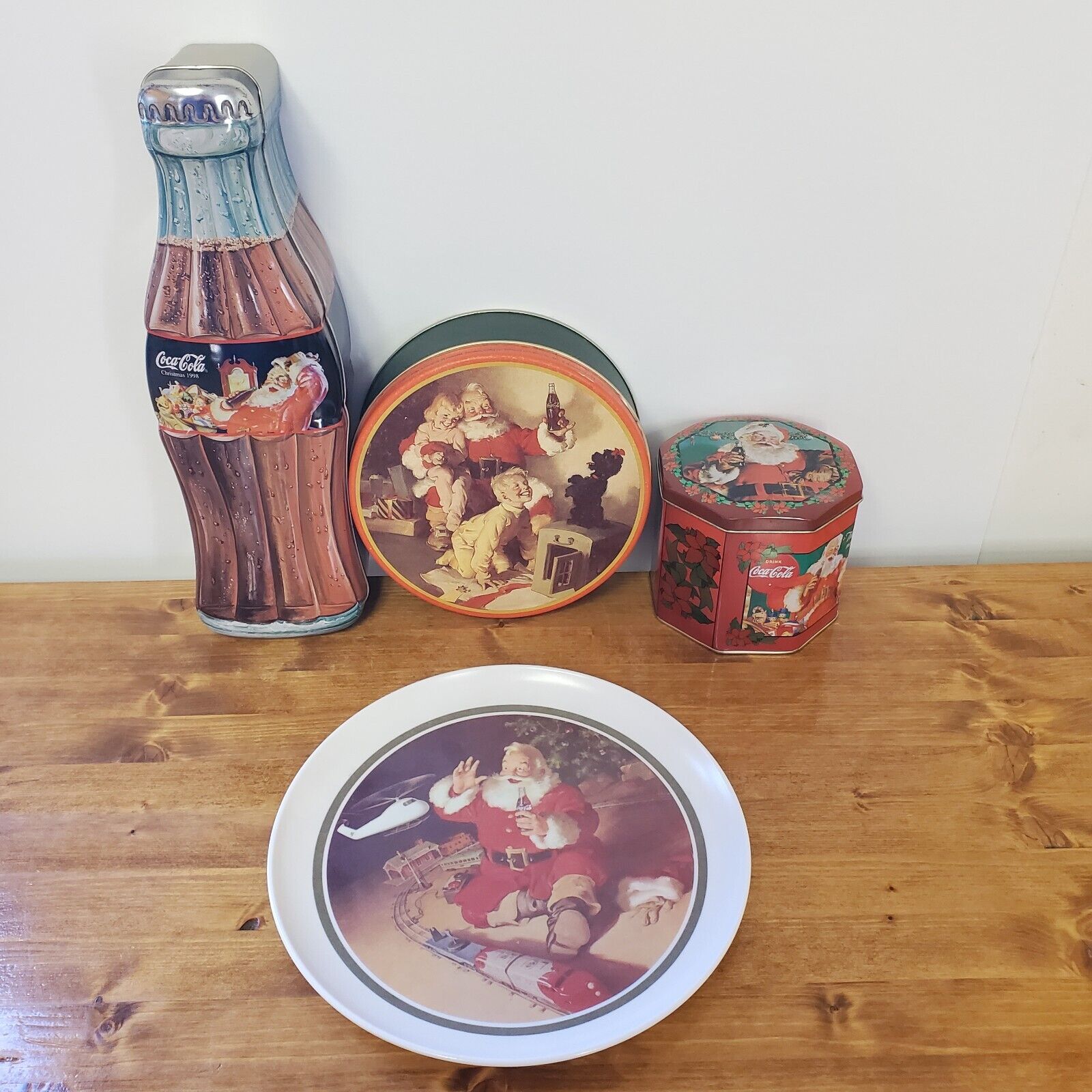Lot Of 3 Vintage Late 1990s Coca Cola Tins Enjoy Coca Cola and 1 plastic plate