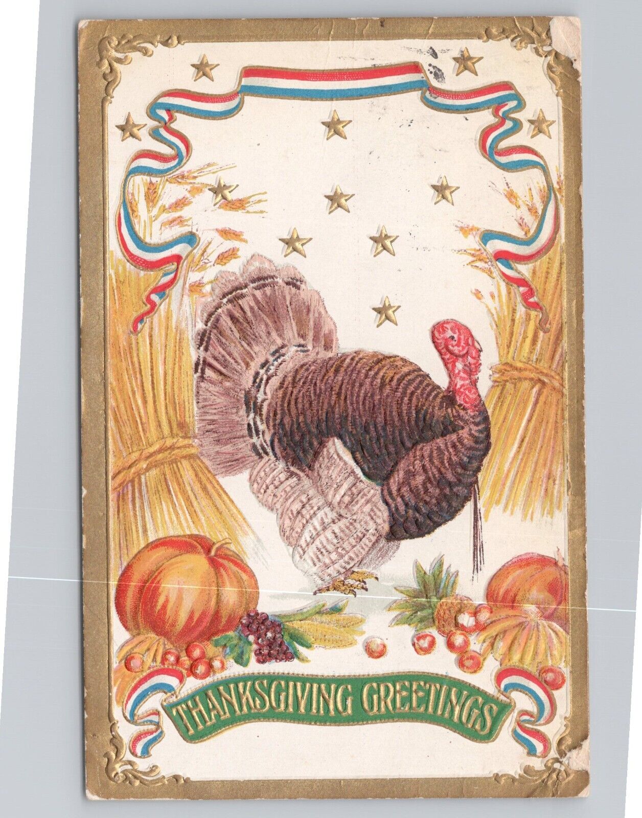 Thanksgiving Patriotic Turkey Under American Flag Banner c1907 Postcard