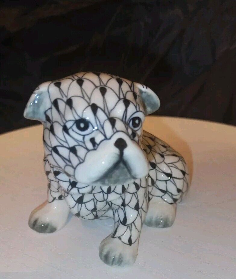 Ceramic Fishnet White And Black Boxer Puppy Figurine