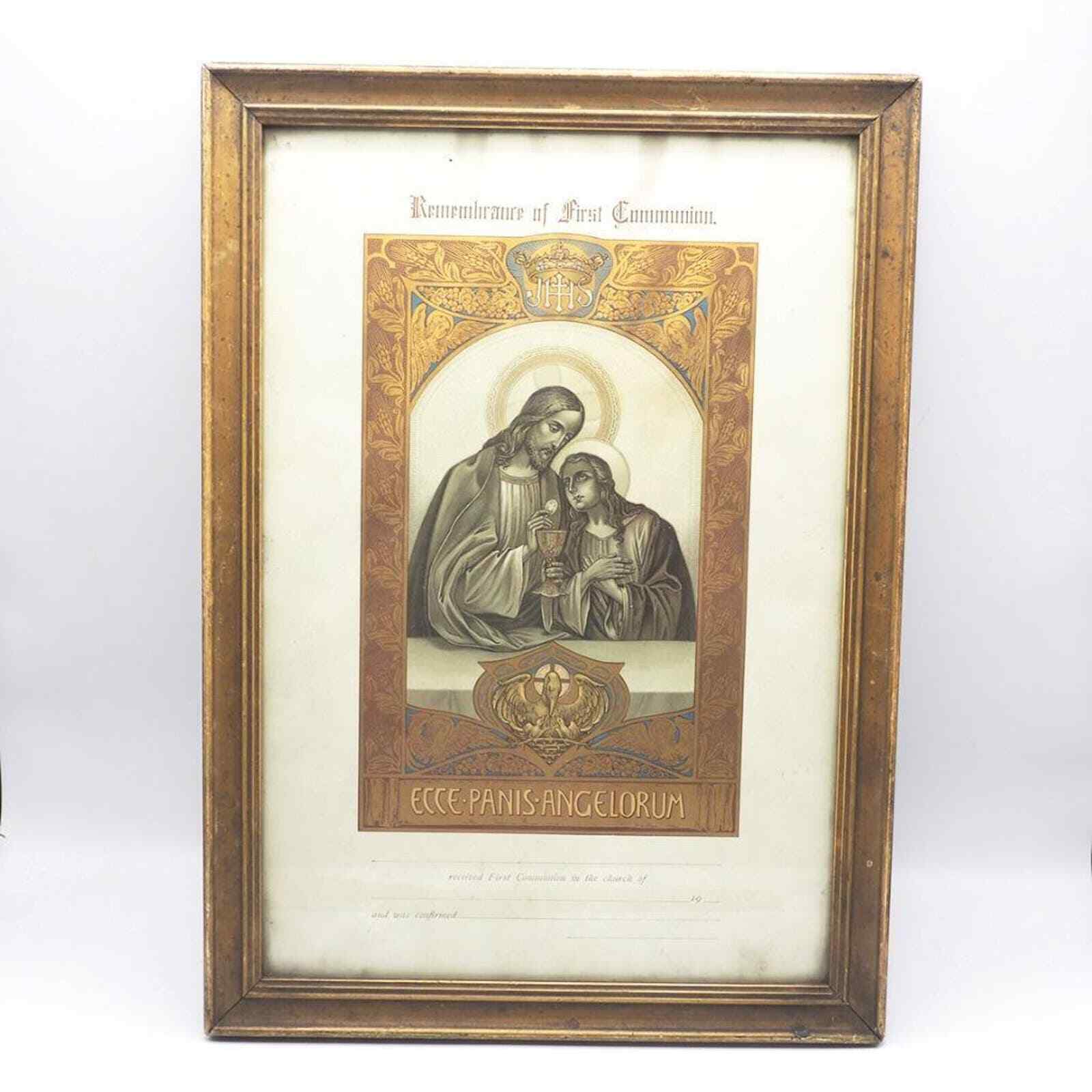 Ornate First Communion Document with Gold Flake Framed Antique 1911