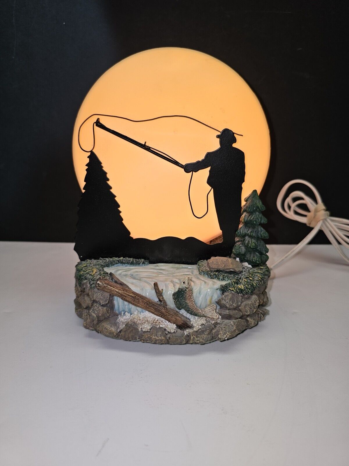 Vintage Trout Fly Fisherman Table Lamp w/ Silhouette Fishing by Moonlight Tested