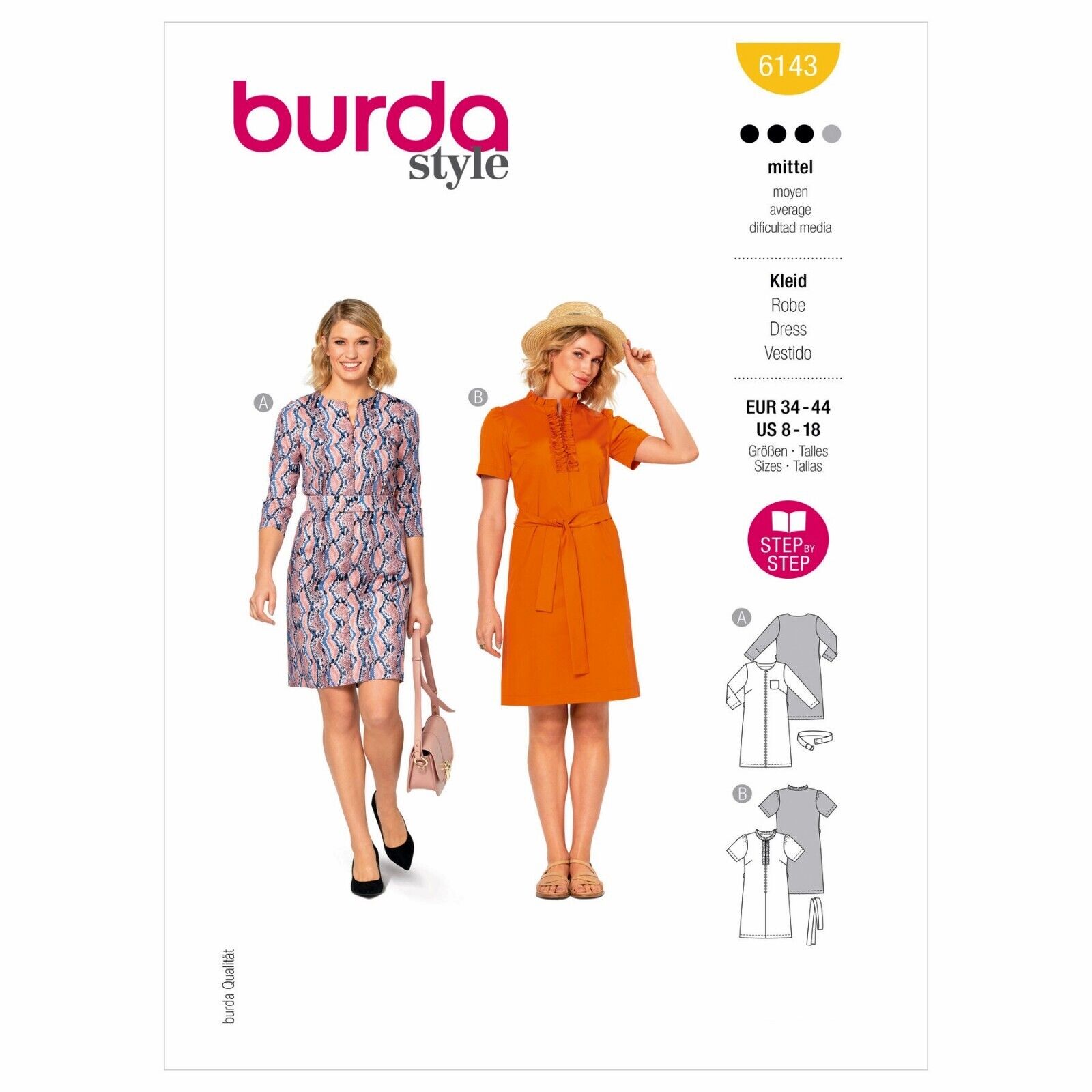 Burda Style Pattern 6143 Front Zipped Dress Size EU 34-44 US 8-18 Uncut