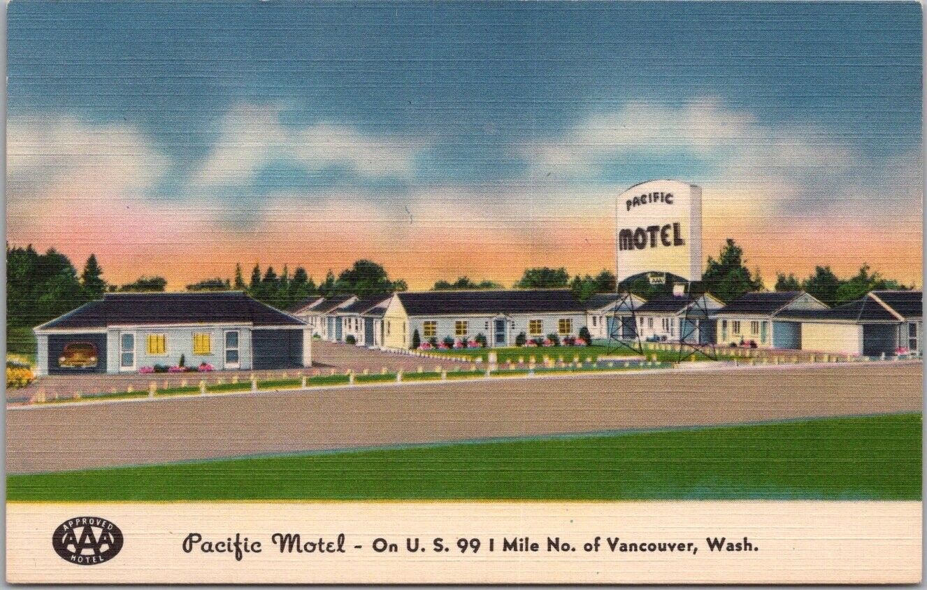 c1950s VANCOUVER, Washington Postcard PACIFIC MOTEL Highway 99 Roadside Linen
