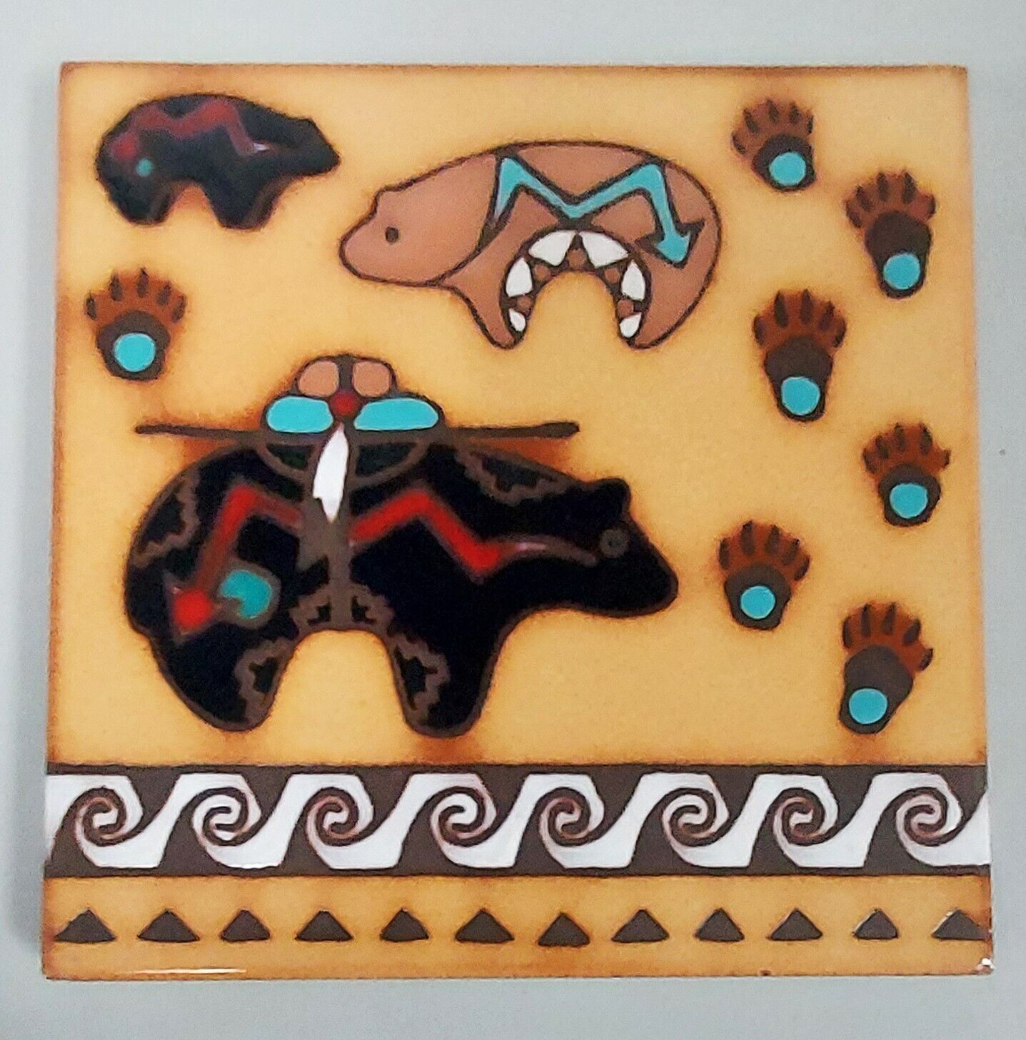 Masterworks Southwest Ceramic Tile Trivet Art, Bear w/Tracks, Sedona Arizona