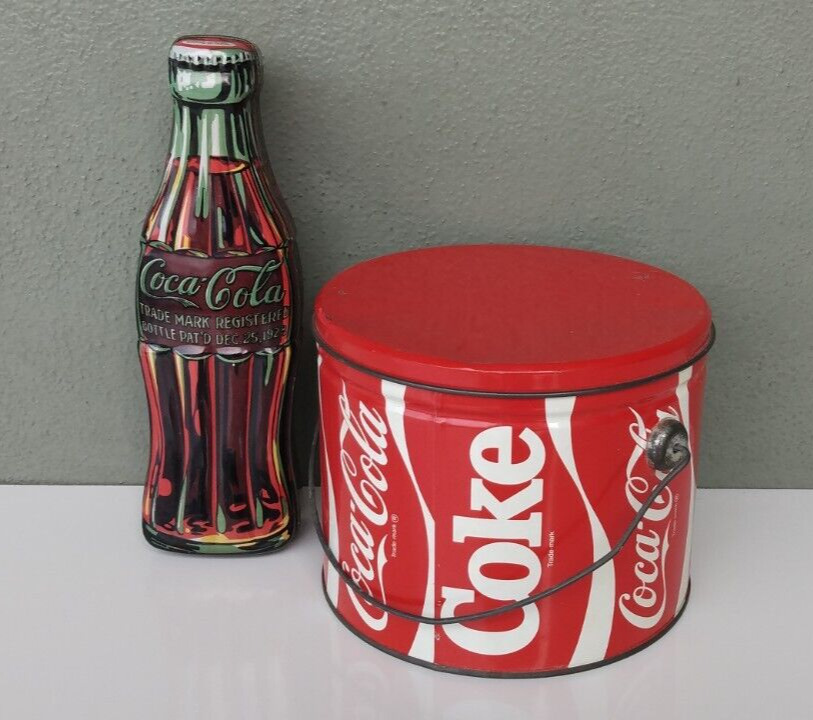 PAIR OF COCA COLA SODA ADVERTISING TINS - BAIL HANDLE CAN & BOTTLE SHAPE