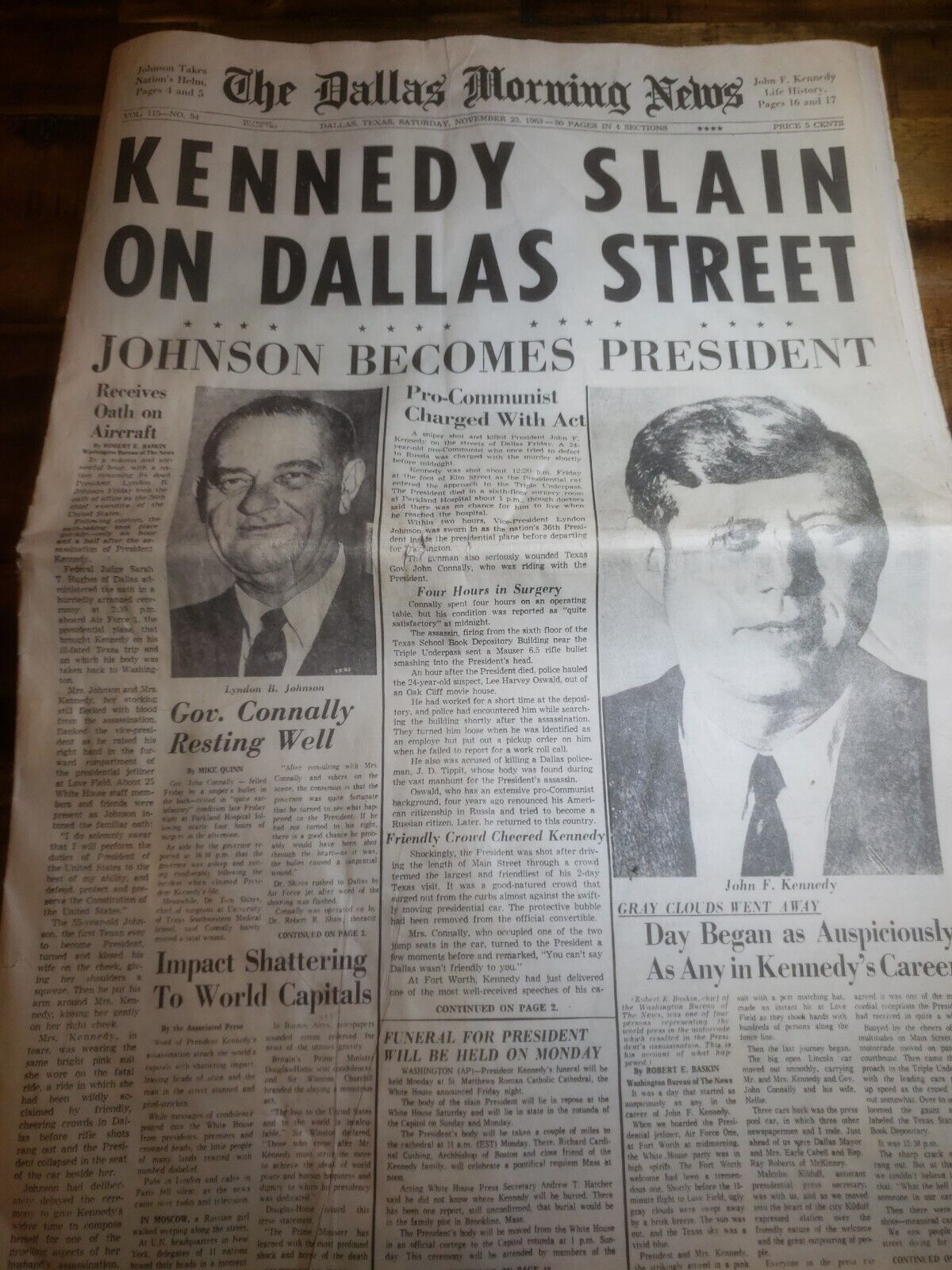 PRESIDENT KENNEDY Assassinated Dallas Newspaper. Oswald charged with murder. 