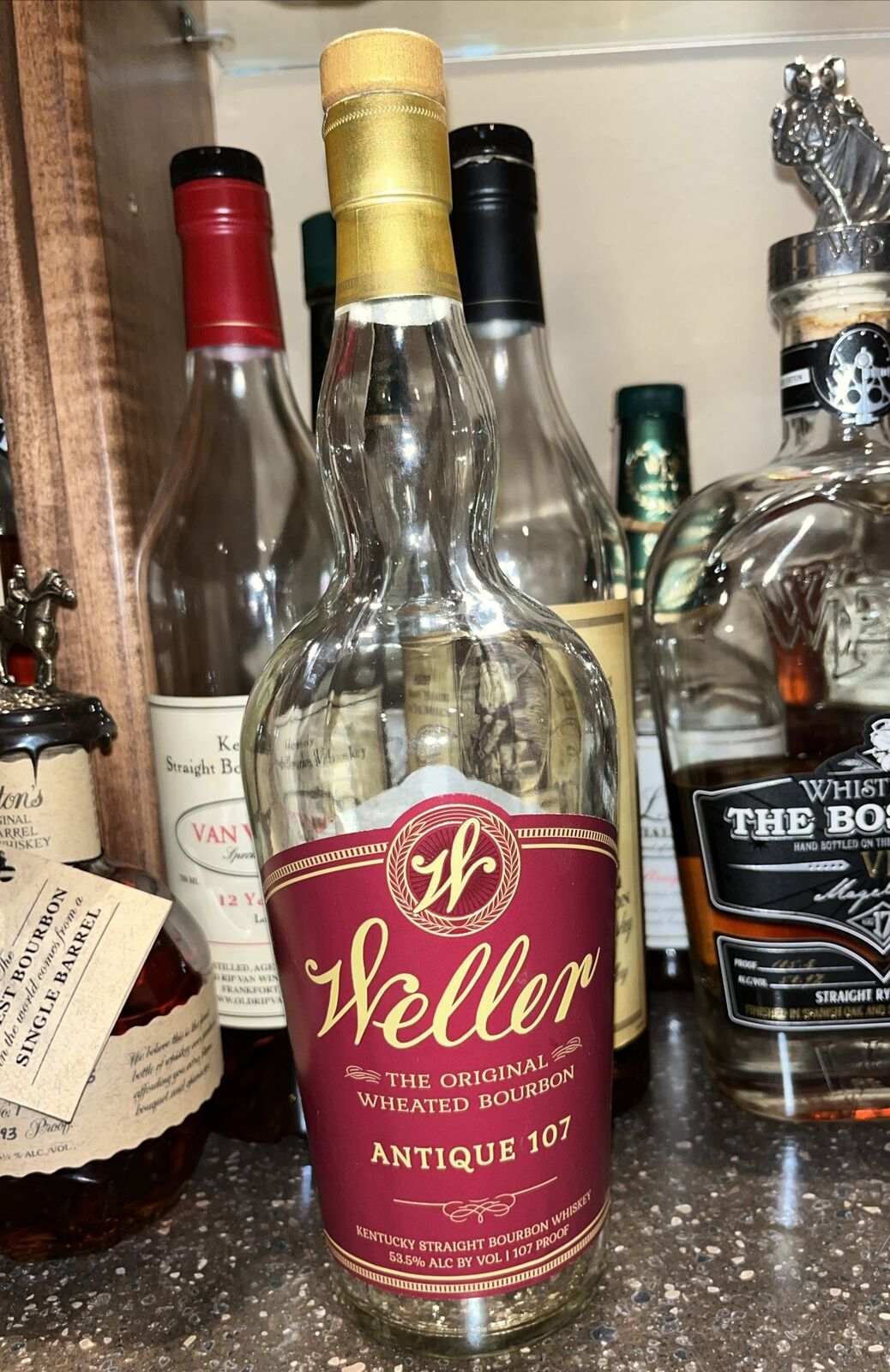 Weller Antique 107 *EMPTY* Bourbon Whiskey Bottle Red Label Buffalo Trace 750ML