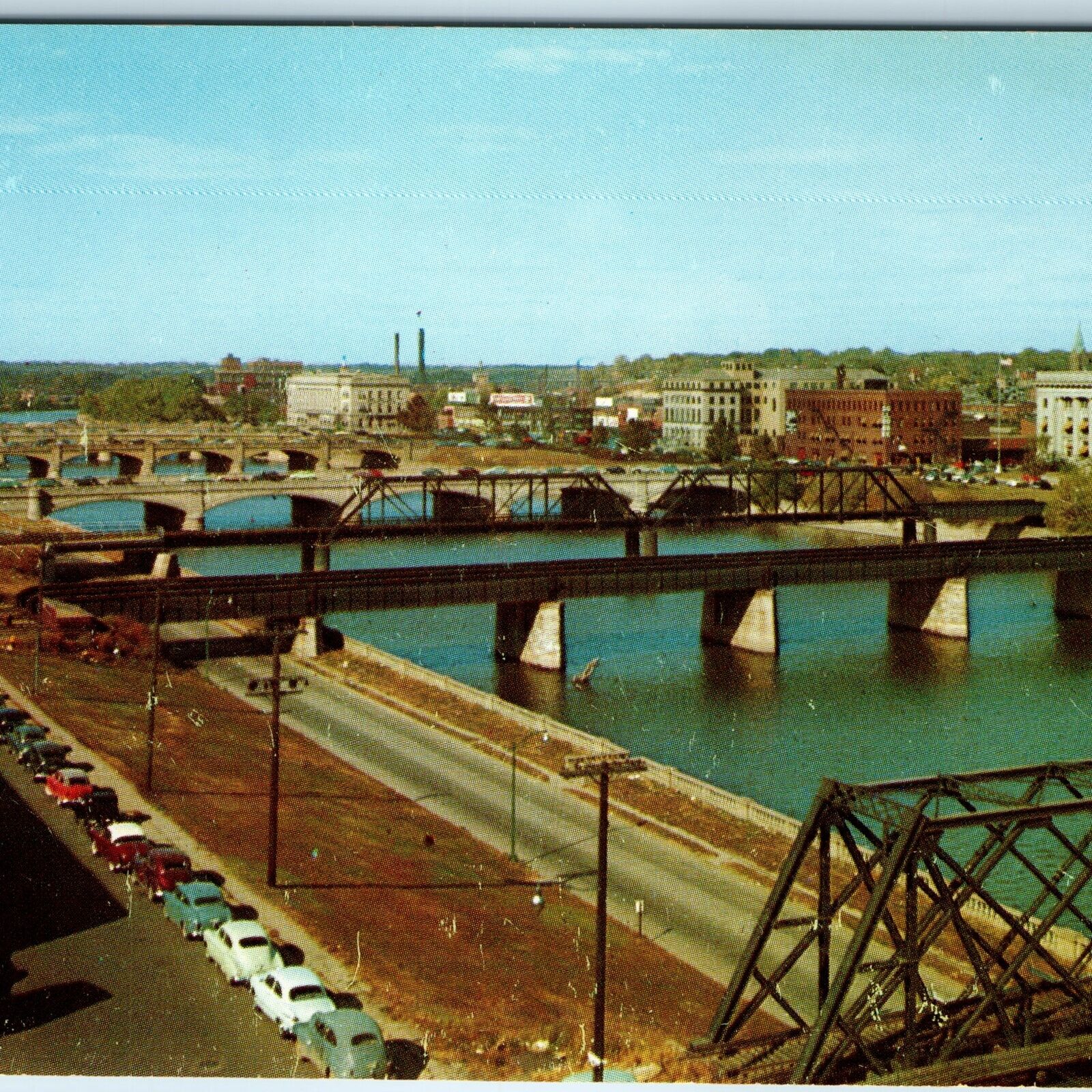 1952 Des Moines, IA Downtown Bridges Railway Tracks Mid Mod Cars City Scene A225