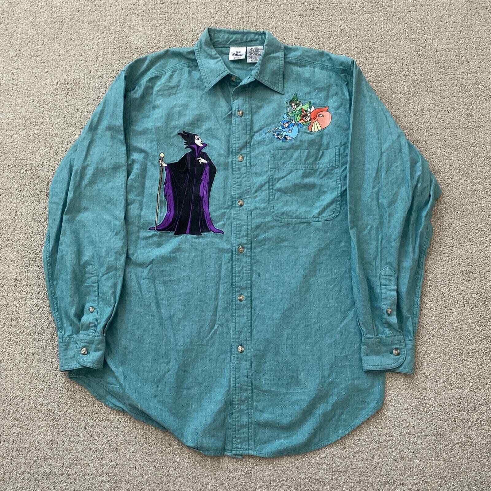 The Disney Store Men’s Sz M Long Sleeve Button Up Shirt Maleficent Embroidered