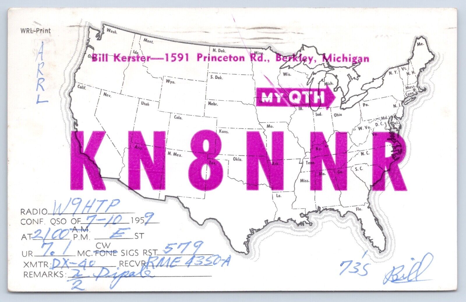QSL CB Ham Radio Card KN8NNR Berkley Michigan Oakland County MI 1959 Card