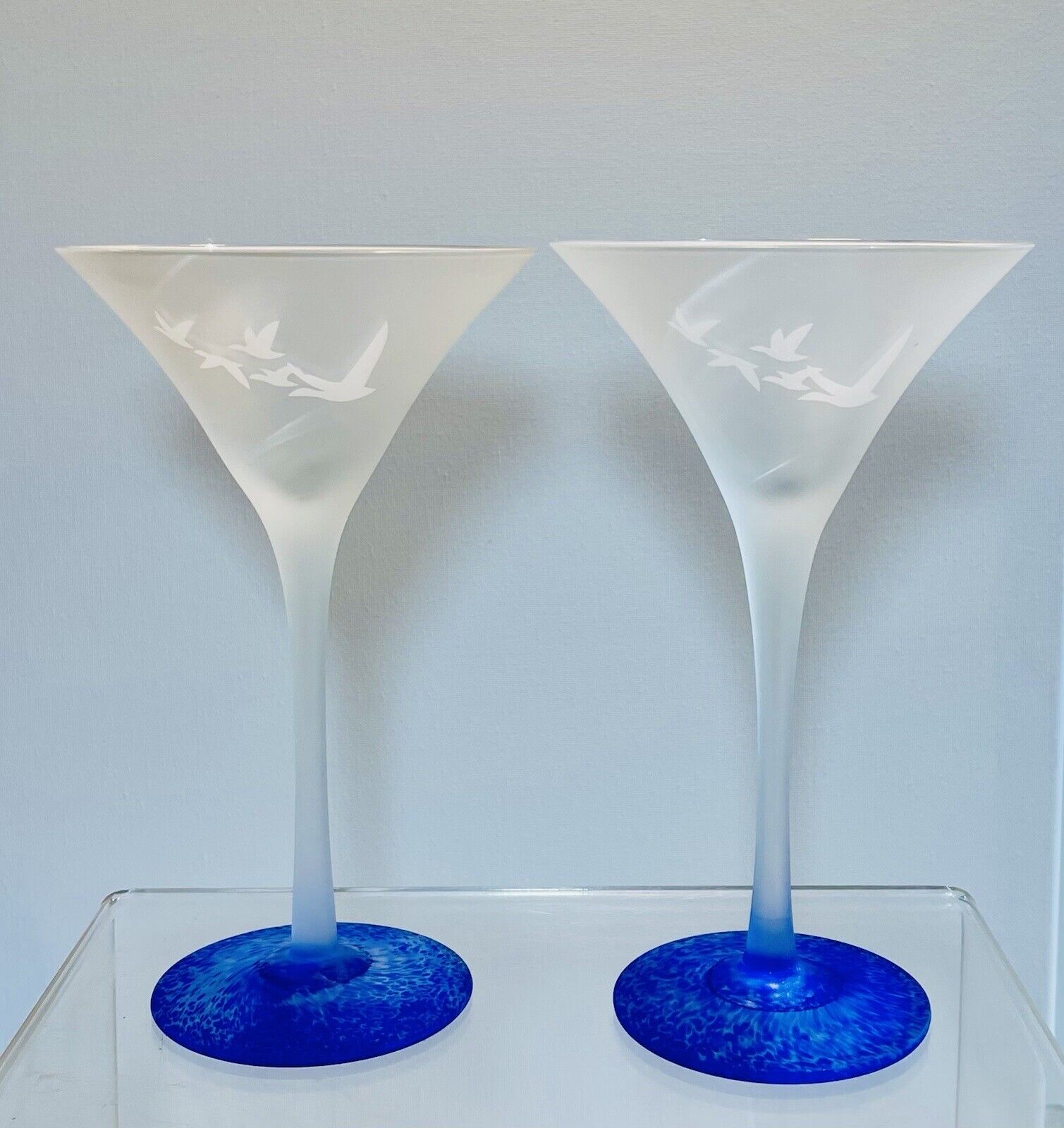 2 Frosted Grey Goose Martini Glasses Blue Cobalt Base Set