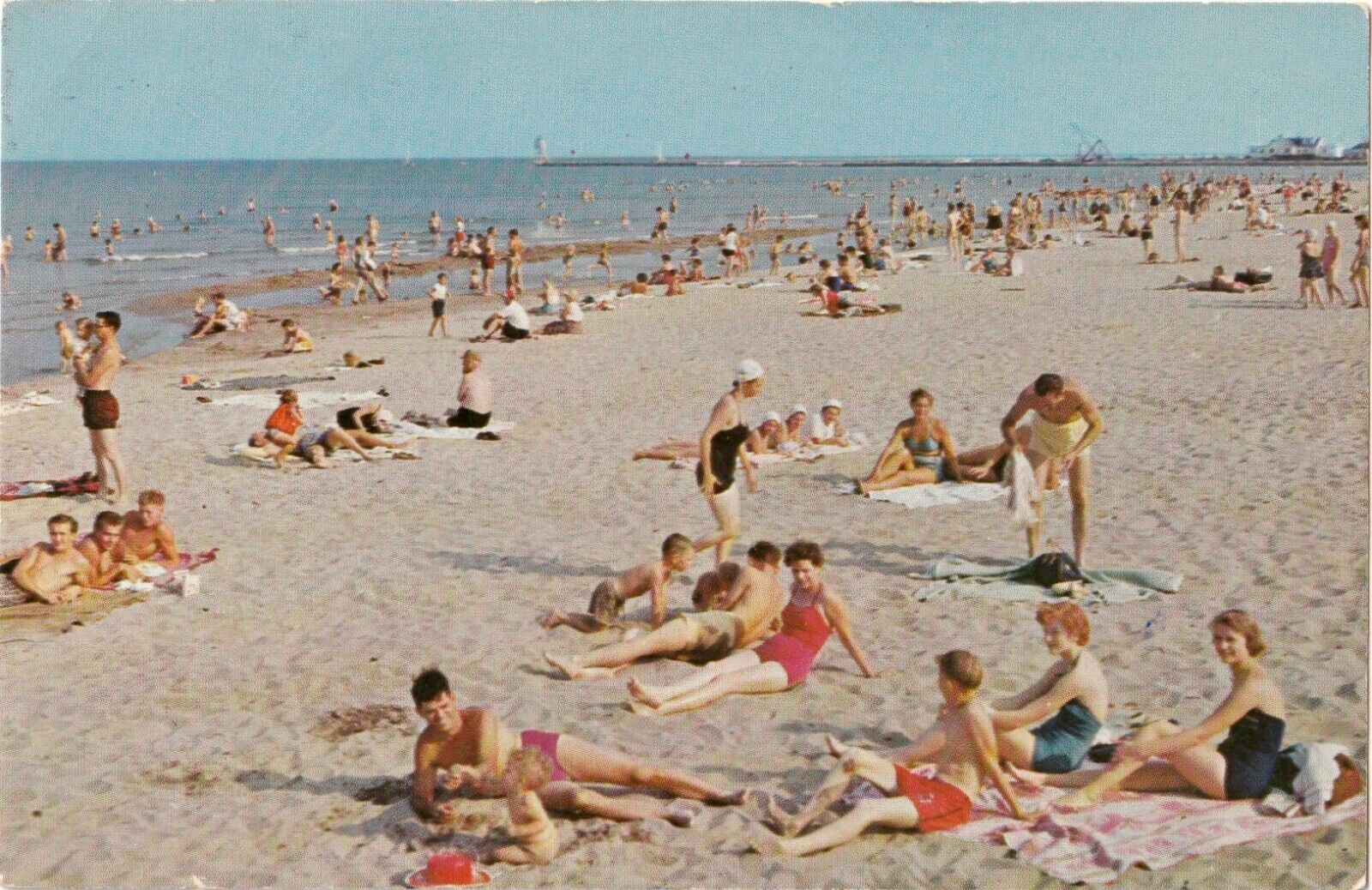 Lake Michigan at Racine, Wisconsin WI with beach goers-vintage 1950s postcard