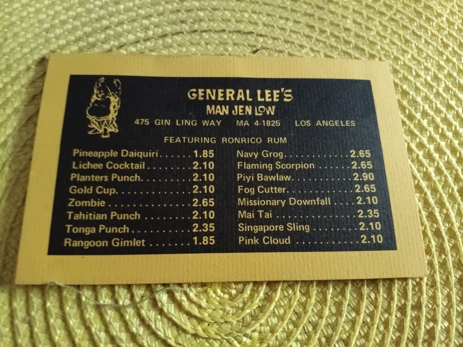 Man Jen Low General Lee\'s Chinese Restaurant Menu Los Angeles California 1960\'s