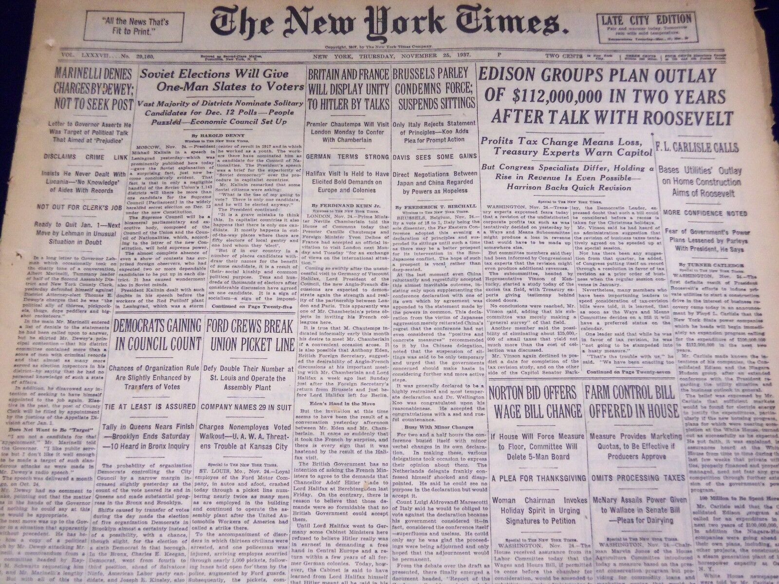 1937 NOVEMBER 25 NEW YORK TIMES - FORD CREWS BREAK PICKET LINE - NT 3088
