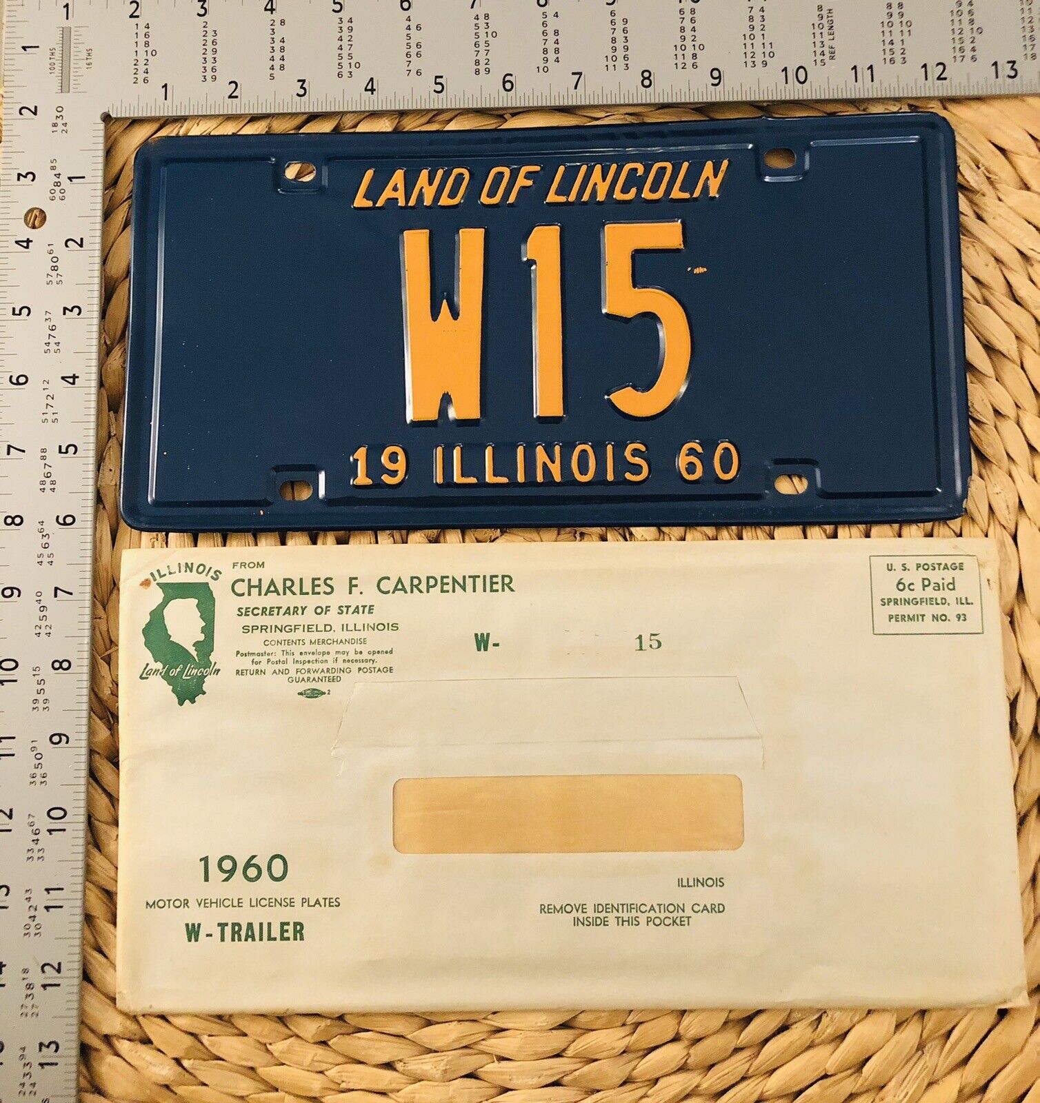 1960 Illinois TRAILER License Plate ALPCA Garage W15 Low Number With Envelope