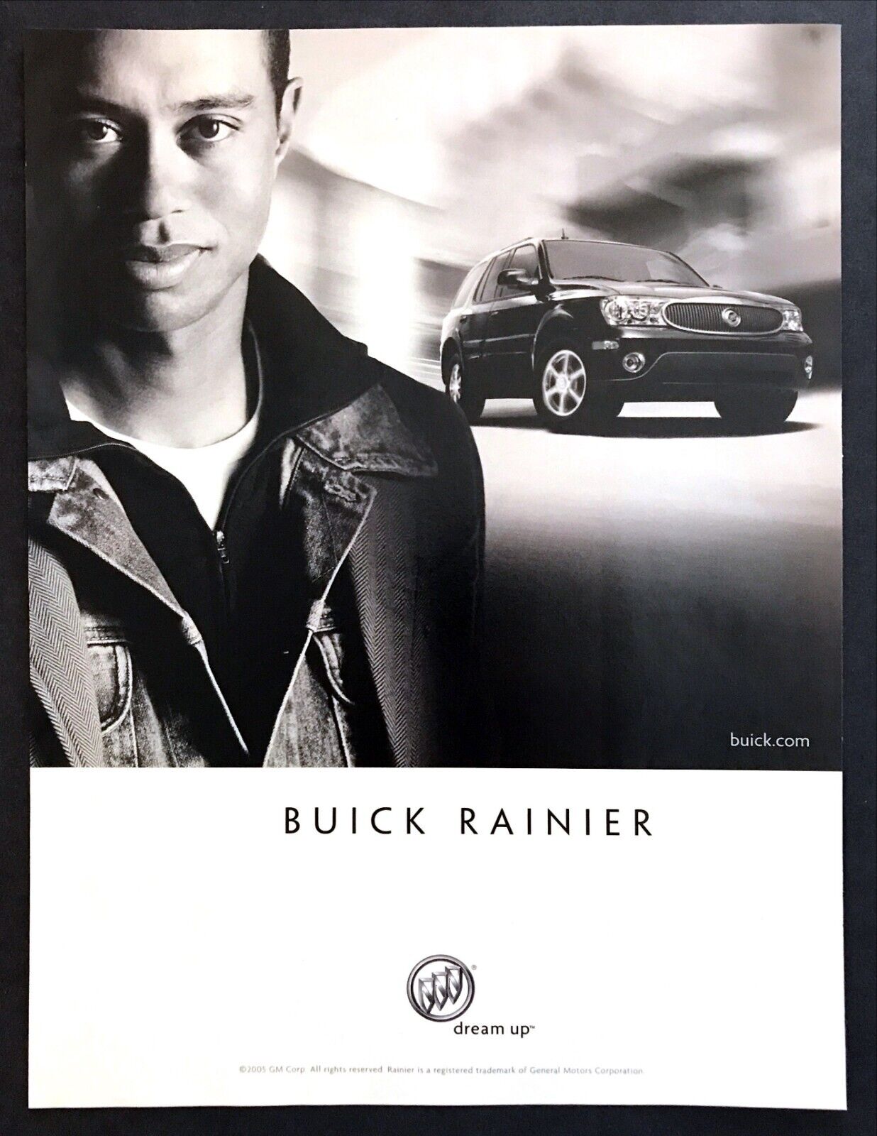 2005 Tiger Woods in Jean Jacket photo Dream Up Buick Rainer SUV promo print ad