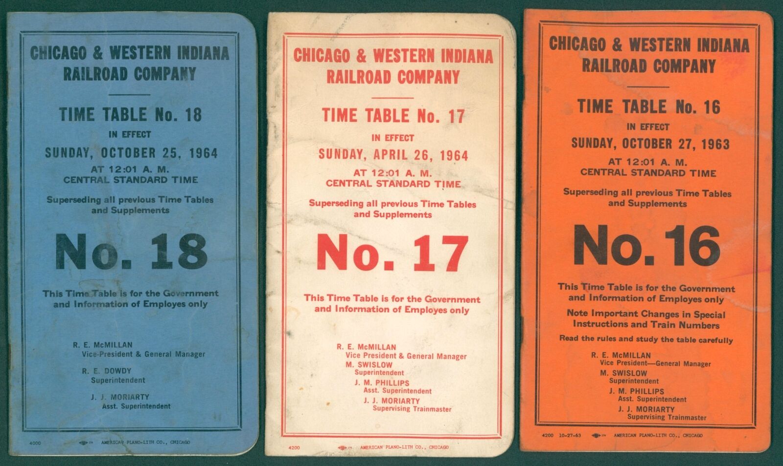 1963-64 Chicago & Western Indiana Employee Timetable Lot Nos. 16,17,18 Railroad