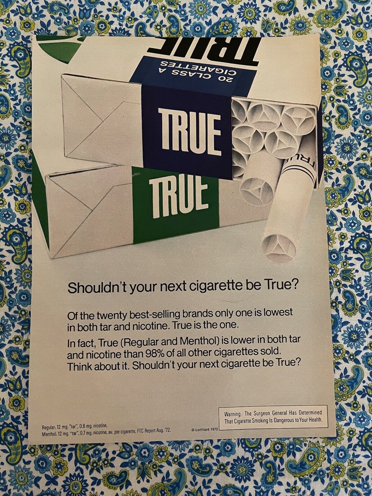 Vintage 1973 True Cigarettes Print Ad Low In Both Tar And Nicotine