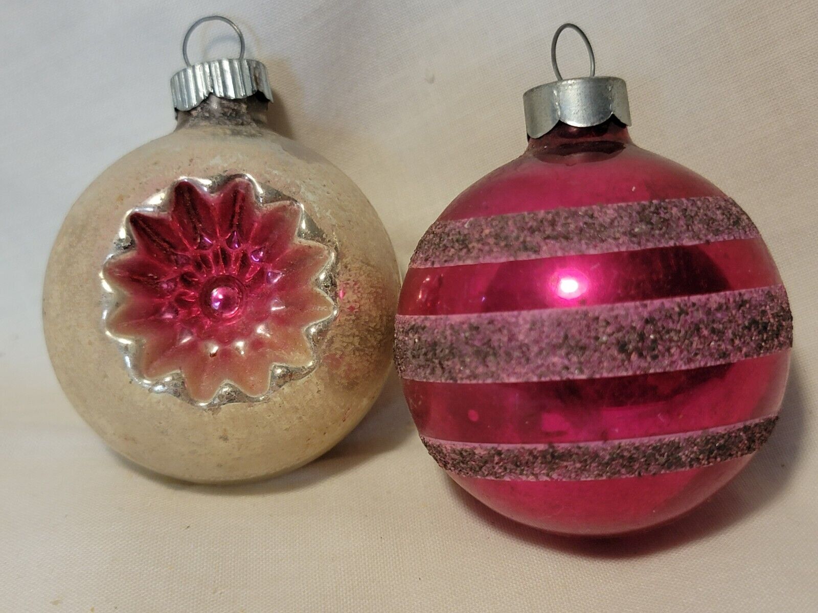2 Vintage WWII Glass Ornaments Double Indent Striped Glitter Burgundy Dark Red