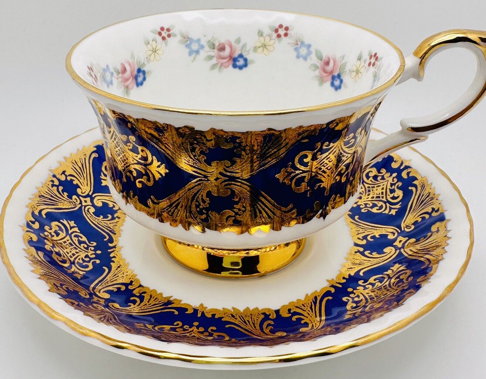 Paragon Cup & Saucer Pembroke D Cobalt Blue Rose Floral Garland Gold Gilt Teacup