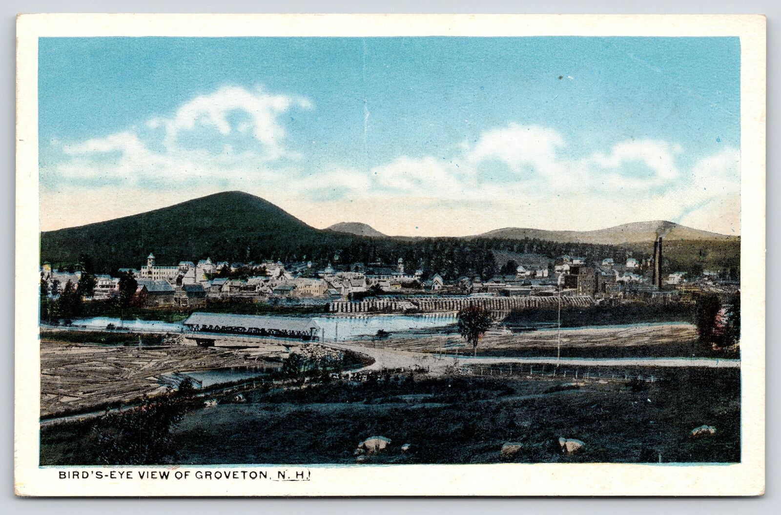 Groveton New Hampshire~Birdseye View~Dam~Factory~Smoke Stack~1920s Postcard
