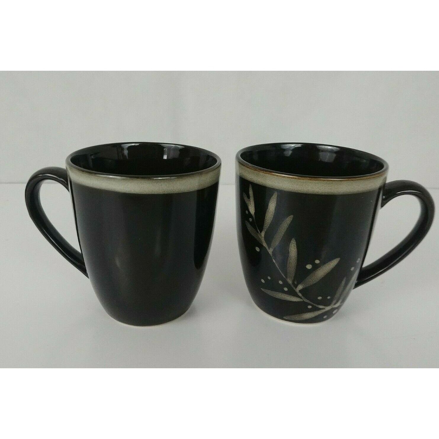 2 Essential Home Floral Dark Brown Coffee Mug Cup 15oz Ceramic Pottery