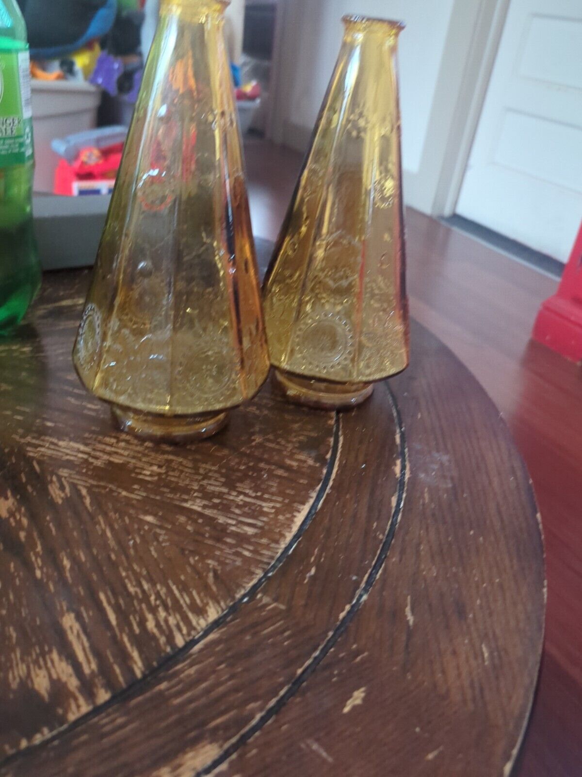 Two Vintage Wheaton Glass Christmas Tree Tapered Bottle Amber 9.5” USA Rare Pnt