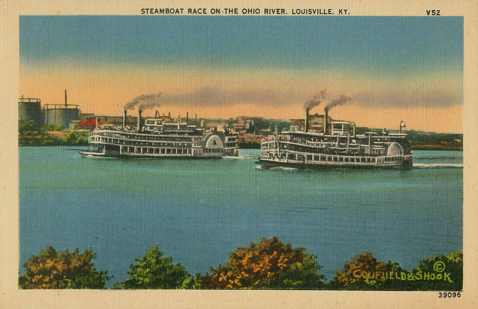 Steamboat Race On The Ohio River, Louisville KY Unposted Linen Postcard