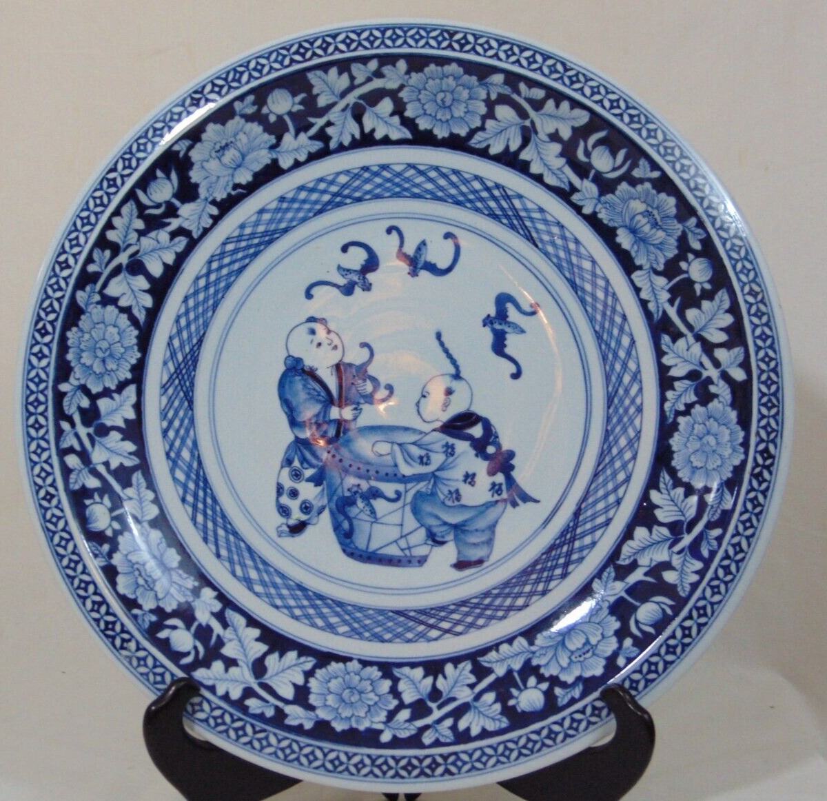 Antique Republic Chinese  Blue Porcelain Plate BAT Drummer  Boy Platter 16”