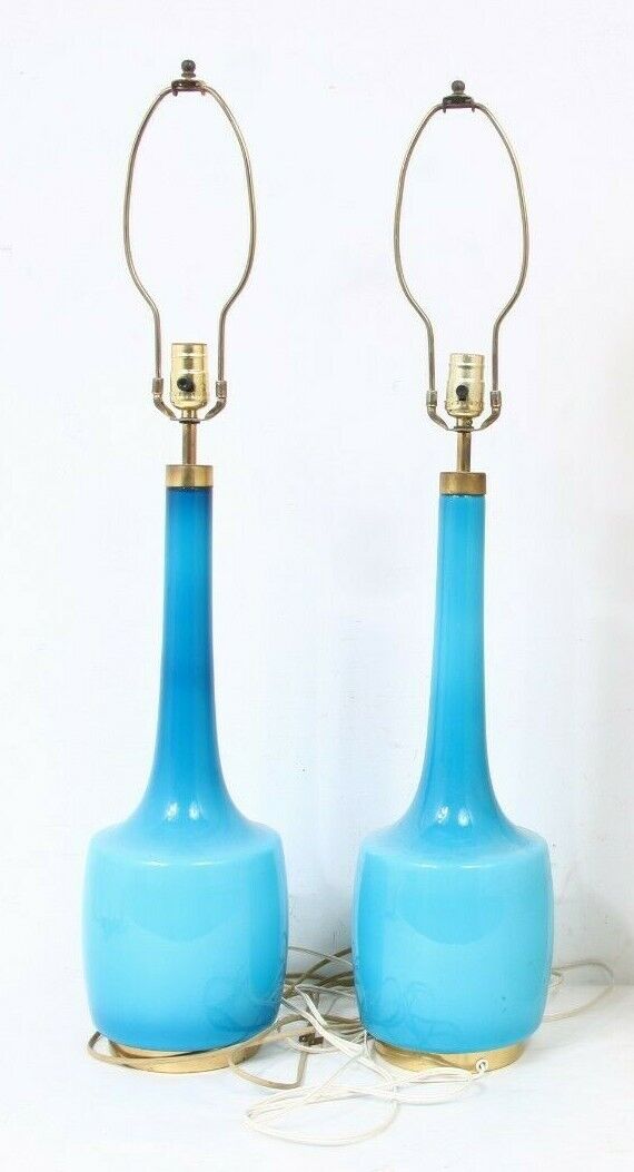 GENUINE PAIR OF SVEND AAGE HOLM SORENSEN MID CENTURY TURQUOISE GLASS TABLE LAMPS