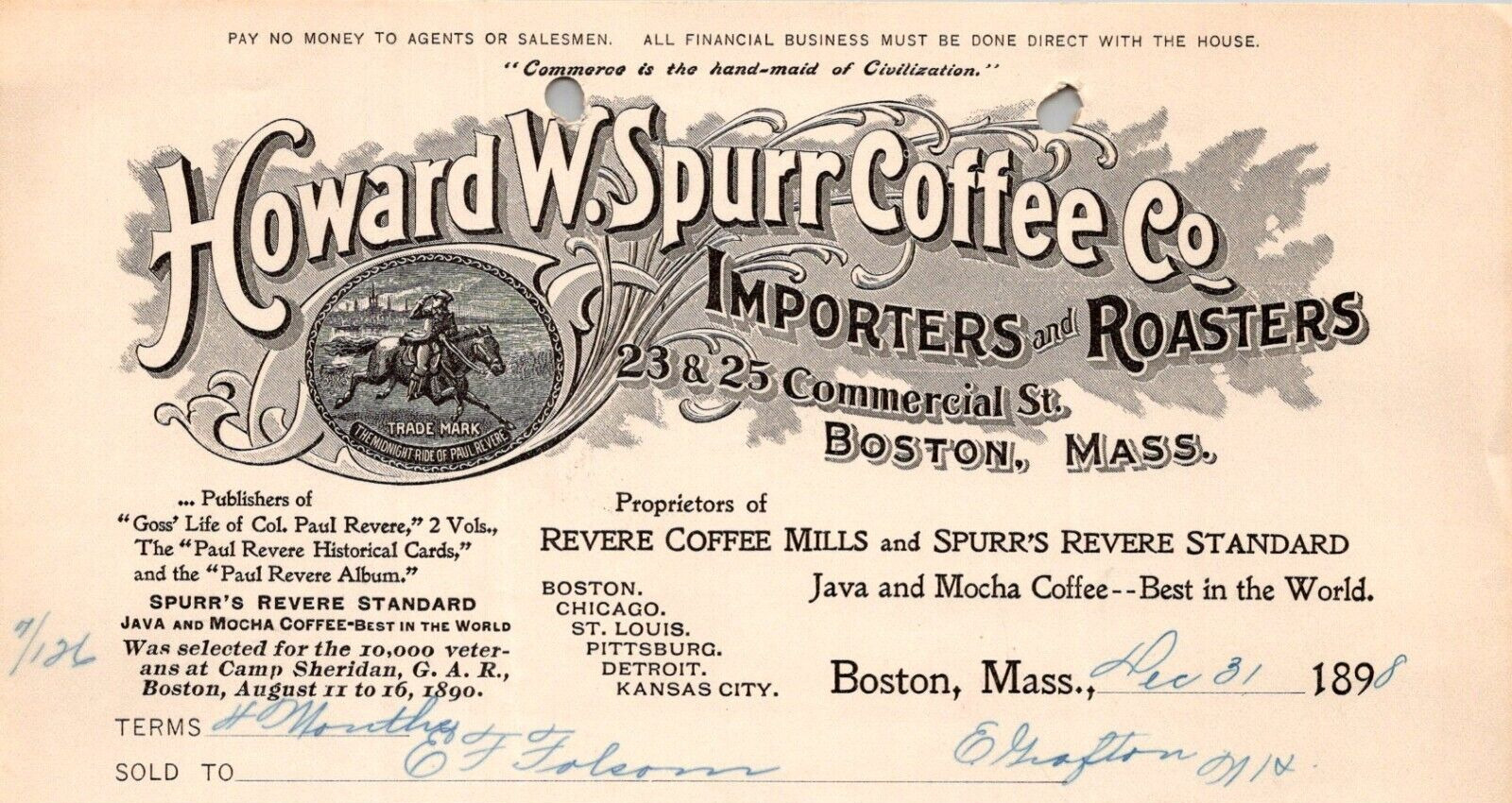 1898 HOWARD M SPURR CO GROCER COFFEE ROASTER REVERE JAVA COFFEE BOSTON CV156